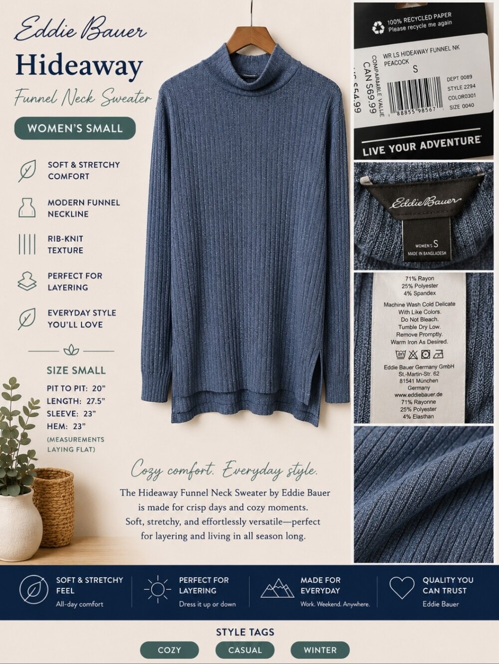 Eddie Bauer Hideaway Funnel Neck Sweater | Size Small | Peacock Blue | NWT